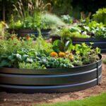 Round Metal Raised Bed with garden plants and vegetables plus flowers stylish